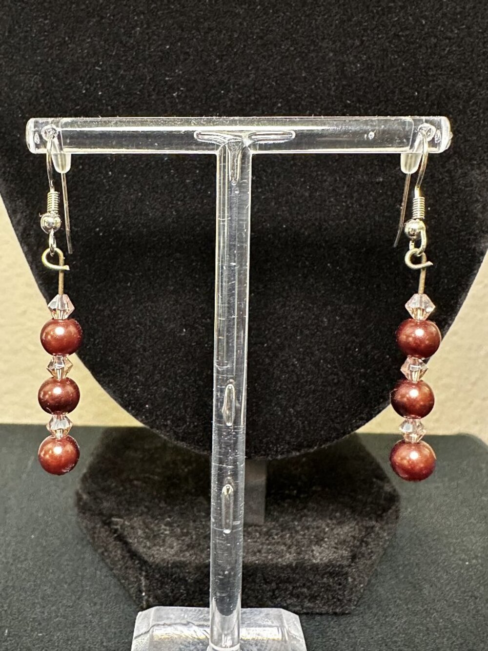 Burgundy Glass Pearl Crystal Drop Earrings Long Linear Dangle Fish Hook Pair